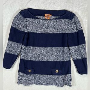 Tory Burch Nautical XL Skimmer Fit Navy Stripe Scoop Collar Sweater Pockets C23